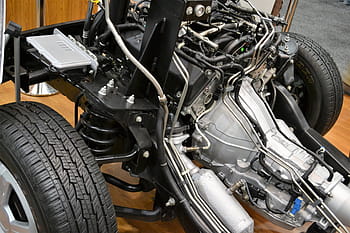 fotografie, Černá, šedá, podvozek vozidla, motor auta, motor, dráty, suspenze, elektronický, pneumatiky, rám