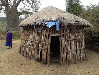 person, wearing, purple, top, standing, brown, house, Hut, Dwelling, Africa, Rustic