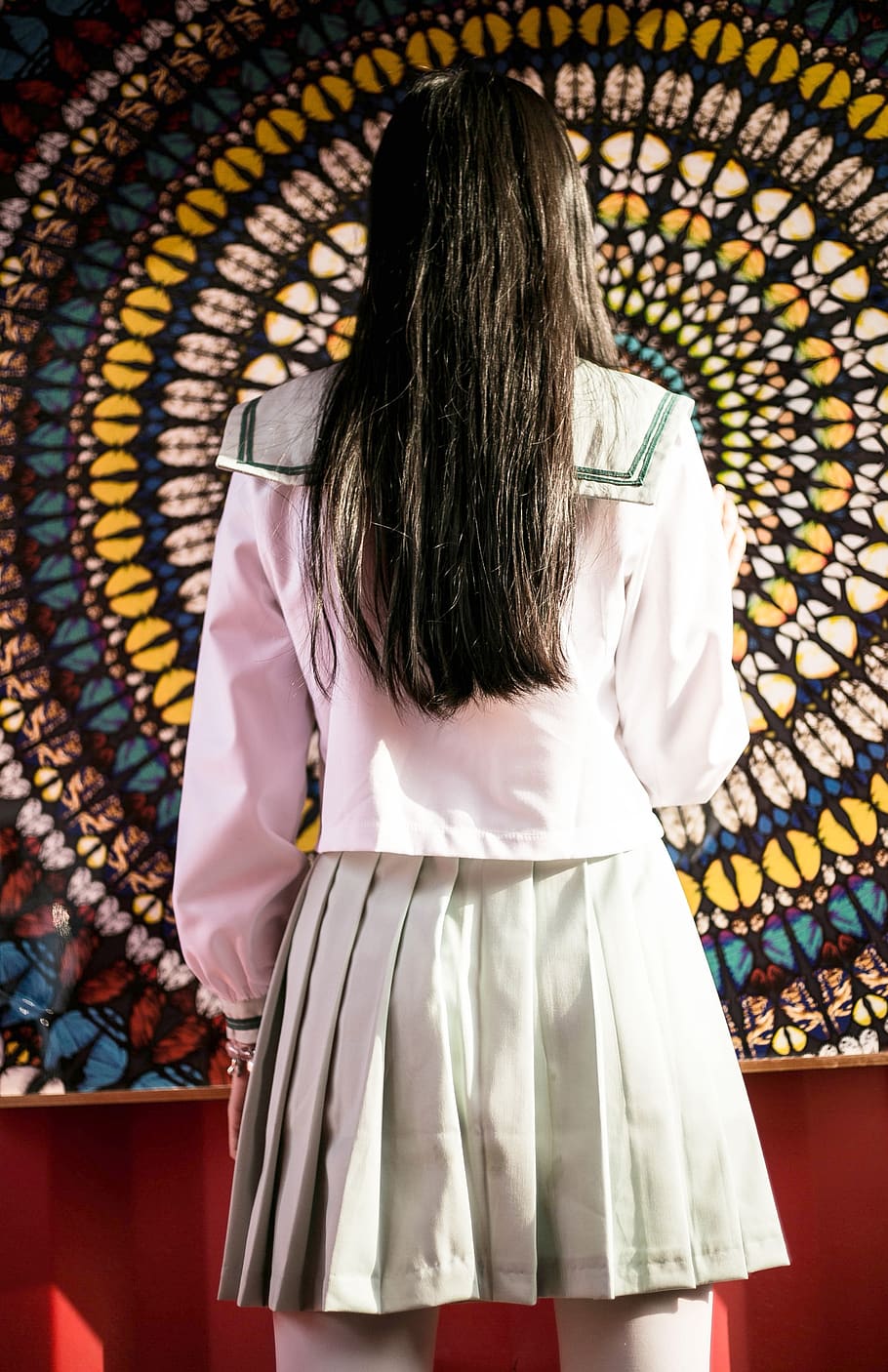 Modelka, výstava dvojčat, Shenzhen, dlouhé vlasy, brunet, datura, Pozadí, zpětný pohled, sukně