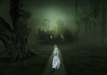 fantasy, forest, house, girl, creepy, light, trees, mysterious, female, nature, forest path
