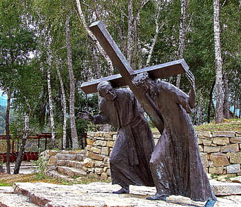 Jésus Christ, portant, traverser, statue, stations de la croix, Pasierbiec, ville, Jésus, Christ, pape john paul ii, Souffrance