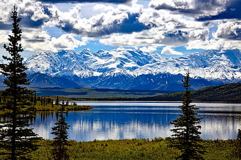 fotografie krajiny, jezero, pohoří, národní park denali, Aljaška, nebe, mraky, hory, sníh, divu jezero, odrazy