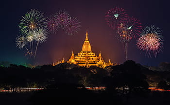 svítí, budova, ohňostroj, úžasný, starověké, Asie, svůdný, barma, pěkný, cihlový, Buddha
