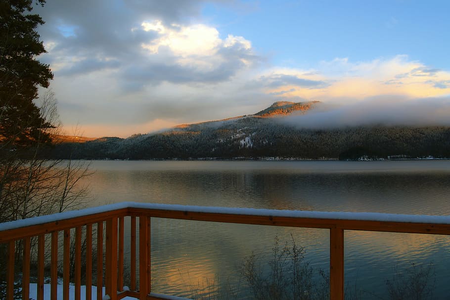 red, wooden, handrails, across, lake, mountain, cloudy, daytime, body of water, early morning, sunrise