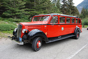 red, limousine, hot, rod, raod, bus, jammer, tour, transportation, glacier national park, scenery