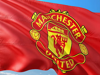 detailní fotografie, Červené, žlutá, Manchester, sjednocený, vlajka, Fotbal, Evropa, uefa, Liga mistrů, manchester united