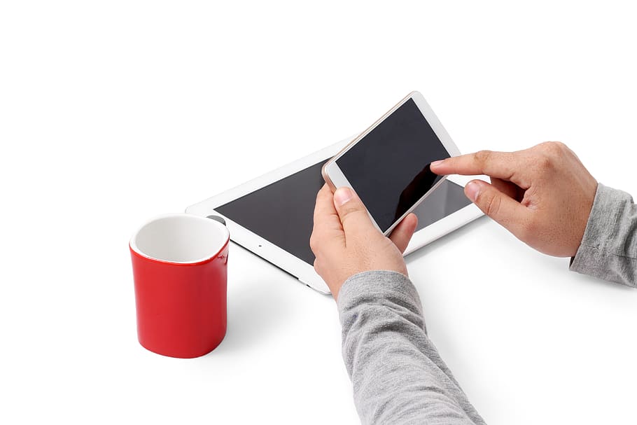 podnikání, chata, pohár, lavice, káva, kalkulačka, mobilní, pohybliví, telefon, tableta, hospodářství, technologie