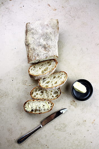 Bread and butter, bake, baked, bread, breakfast, butter, knife, rustique, sour, sour dough, food