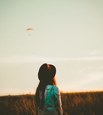 woman, facing, backwards, outdoors, outdoor, sunset, people, girl, female, hat, nature