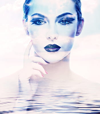woman touch, face, right hand, woman, sky, clouds, blue, beautiful, mood, light effect, abstract