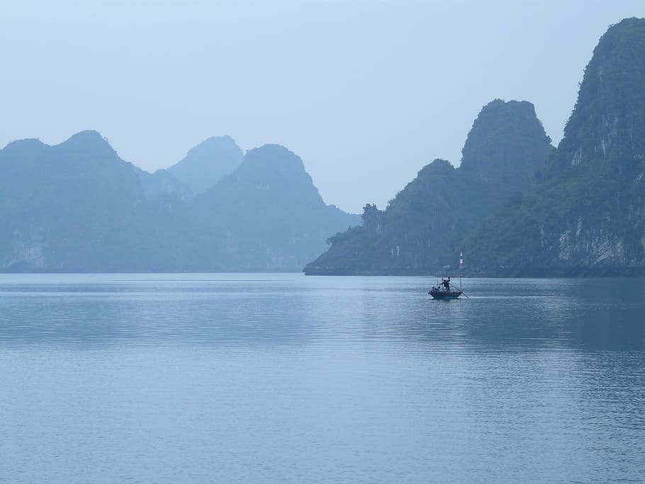 plavba lodí, moře, hora, záliv Halong, Vietnam, fischer, bota, scén, Příroda, krása v přírodě, odraz