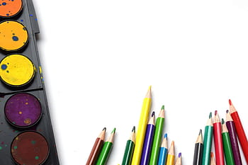 black, framed, water color paint, colored, pencils, white, surface, back to school, rainbow, art, school supplies