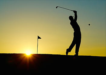 Silhouette, Mann, spielen, Golf, Sonnenuntergang, Sport, Golfspieler, Fledermaus, einlochfahne, draussen, Mensch