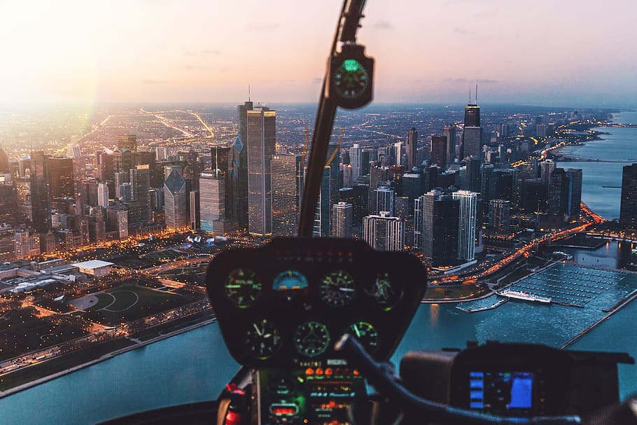 urban, city, dark, night, aerial, glass, building, establishment, architecture, airplane, controls