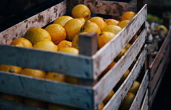 mazzo, limoni, dentro, di legno, gabbia, frutta, Limone, cestino, mercato, colture, arancia
