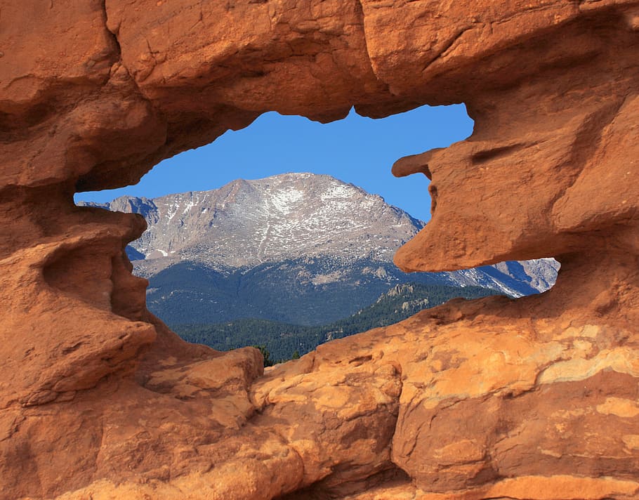hnědý, skalní díra, ukazující, skalnaté, hora, hrot kopí, zahrada bohů, park, siamská dvojčata, okraj, colorado springs