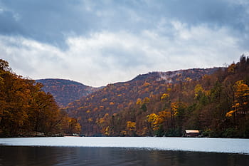 krajinářské fotografie, tělo, voda, hory, stromy, les, jezero, Dům, podzim, krajina, Pohled