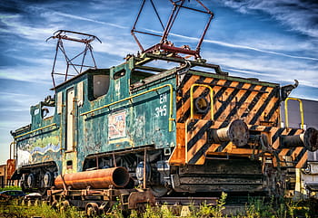 green, brown, train, rail, grass, daytine, loco, locomotive, electric locomotive, railway, rail traffic