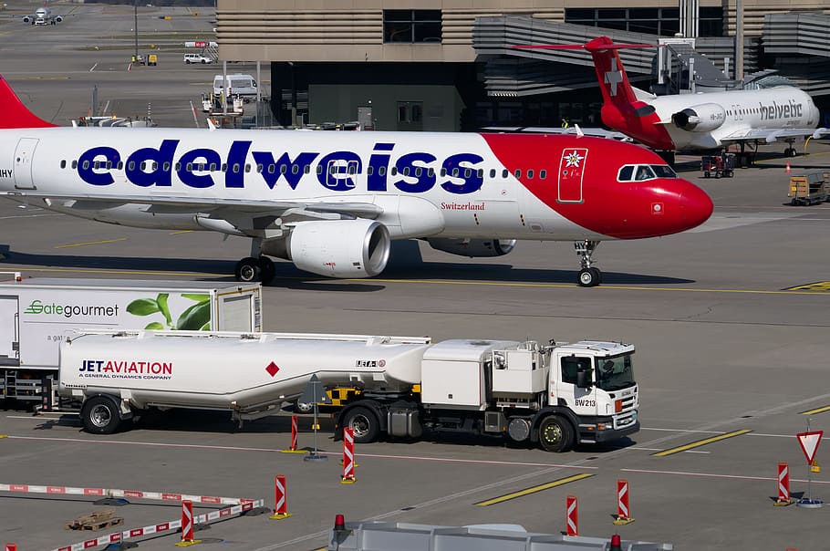 Edelweiss, Aircraft, Airbus, airport zurich, airport, switzerland, tarmac, jet, transport, aviation, tank vehicle
