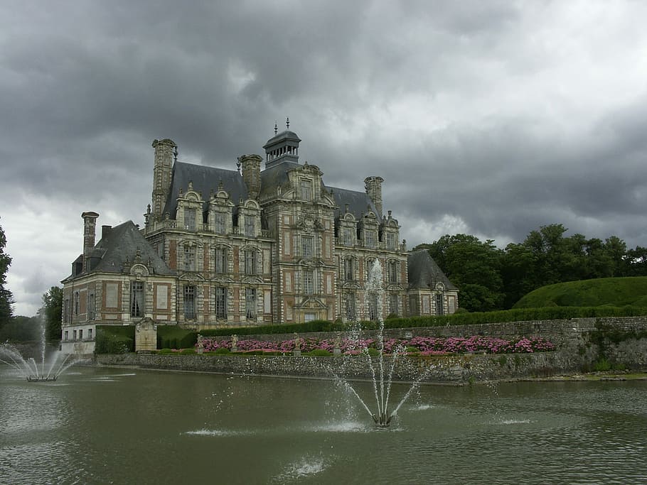 Castle, Grey, Cloud, Beaumesnil, sky, grey, cloud, fountain, water, england, architecture And Buildings, architecture