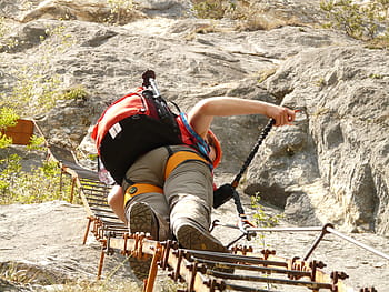 woman, climbing, mountain ladder, climbing platform system, head, backup, self assurance, via ferrata, via dell'amicizia, garda, cima sat