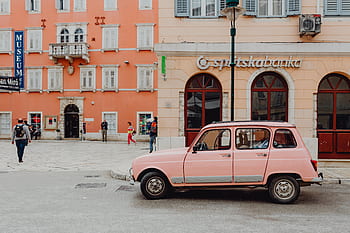 4, antigo, vintage, clássico, Europa, rua, cidade, carro, Rosa, Renault, Rovinj