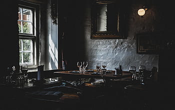dark, restaurant, table, setup, drink, wine, glass, frame, window, mirror, light