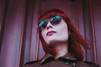 woman, standing, front, red, wall, people, girl, eyeglasses, fashion, women, elegance