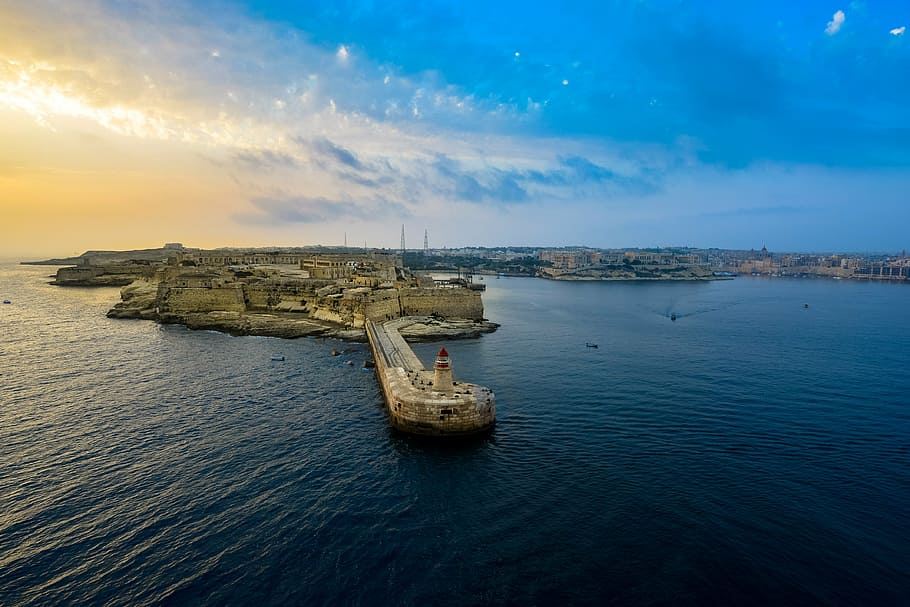 letecký, fotografování, beton, mořské přístaviště, svítání, západ slunce, Malta, přístav, záliv, středomoří, moře