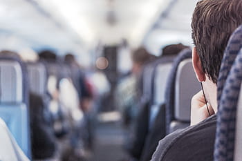 man, using, earphone, airplane, aisle, seats, travel, transport, trip, transportation, passenger