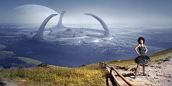 žena, Černá, šaty, zelená, travnaté hřiště, fantazie, krajina, budova, sci-fi, měsíc, nebe