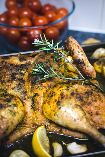 spatchcock citron kuře, spatchcock, citrónové kuře, cherry rajčata, kuře, zblízka, zdravý, Domov, kuchyně, citrón, maso