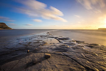 corps, eau, nuageux, ciel, dorset, baie, le coucher du soleil, côte, mer, Angleterre