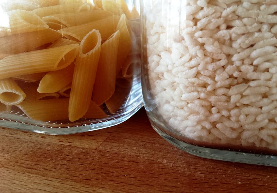 pasta, grain, clear, glass jars, penne, white, rice, carbs, food, ingredients, cooking