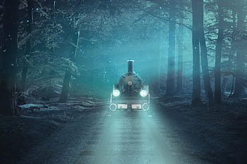 fantasy, locomotive, forest, rails