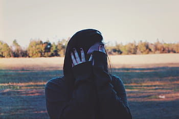 woman, covering, face, hands, black, jacket, people, alone, trees, woods, forest