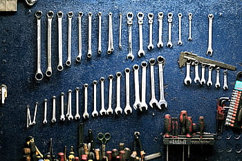 gray, metal combination, close, wrench, set, keys, workshop, mechanic, tools, equipment, repairing