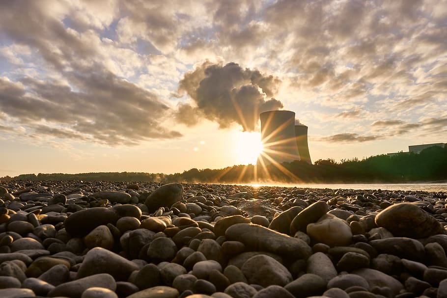 nuclear power plant, cooling tower, sunrise, mood, rhine, river, low tide, nuclear power, atomic energy, smoke, steam