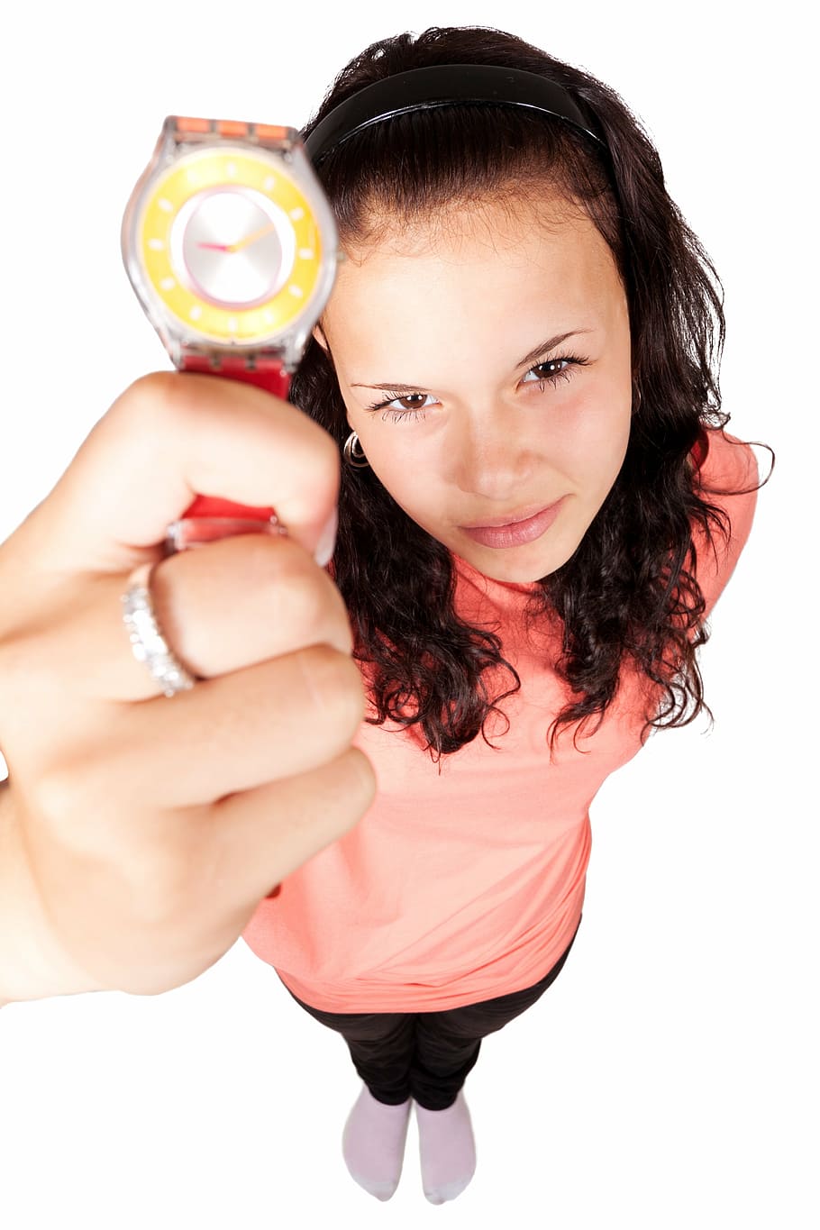 woman, pink, top, holding, round silver-colored analog, watch, red, strap, appointment, clock, countdown