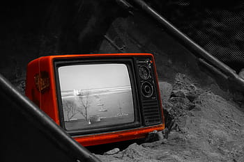 black, red, crt tv, turn, television, developing countries, building, black and white, car, land Vehicle, transportation