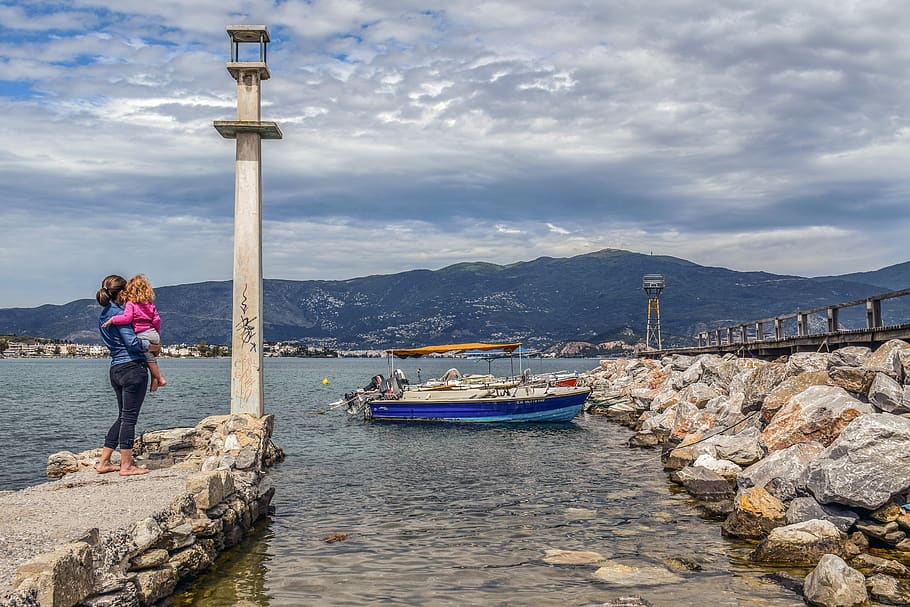 greece, volos, alykes, promenade, dock, boats, beacon, sea, sky, clouds, landscape
