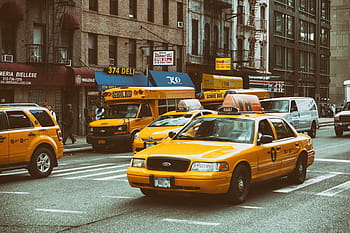 taxíky, autobusů, ulicích, Manhattan, Nový, york city, žlutá, New York City, městský, auto, město