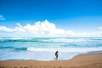 beach, sand, blue, sky, clouds, ocean, sea, water, wave, nature, people