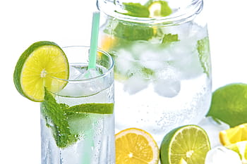 vody citrusové, minerální voda, Limetka, led, máta, sklenka, napít se, Studený, bílé pozadí, citronový minerál, letní