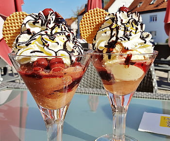 two, clear, cocktail glasses, ice, cream, fruits, dessert, ice cream, vanilla ice cream, cherries, milk