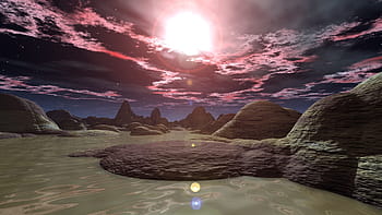 muddy, mud, pool pond, lake, sea, alien, planet, water, nature, sunset, dawn
