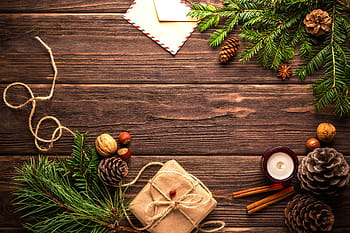 green, leaves, accessories, brown, wooden, surface, christmas, new year's eve, postcard, congratulation, christmas decorations