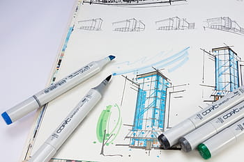 colored, pens, printing paper, sketch book, sketch, marker, felt tip pens, writing implement, character device, plan, architecture