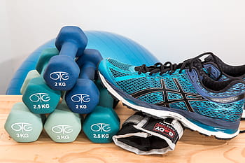 seis, 2 kg, fixo, halteres de peso, corrida, sapato, marrom, mesa, peso, halteres, Asics
