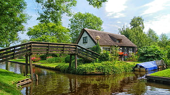 fotografia di paesaggio, Marrone, Casa, attraverso, corpo, acqua, giorno, Giethoorn, azienda agricola, ponte, canottaggio